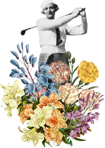 Woman swinging golf club behind a bouquet of flowers